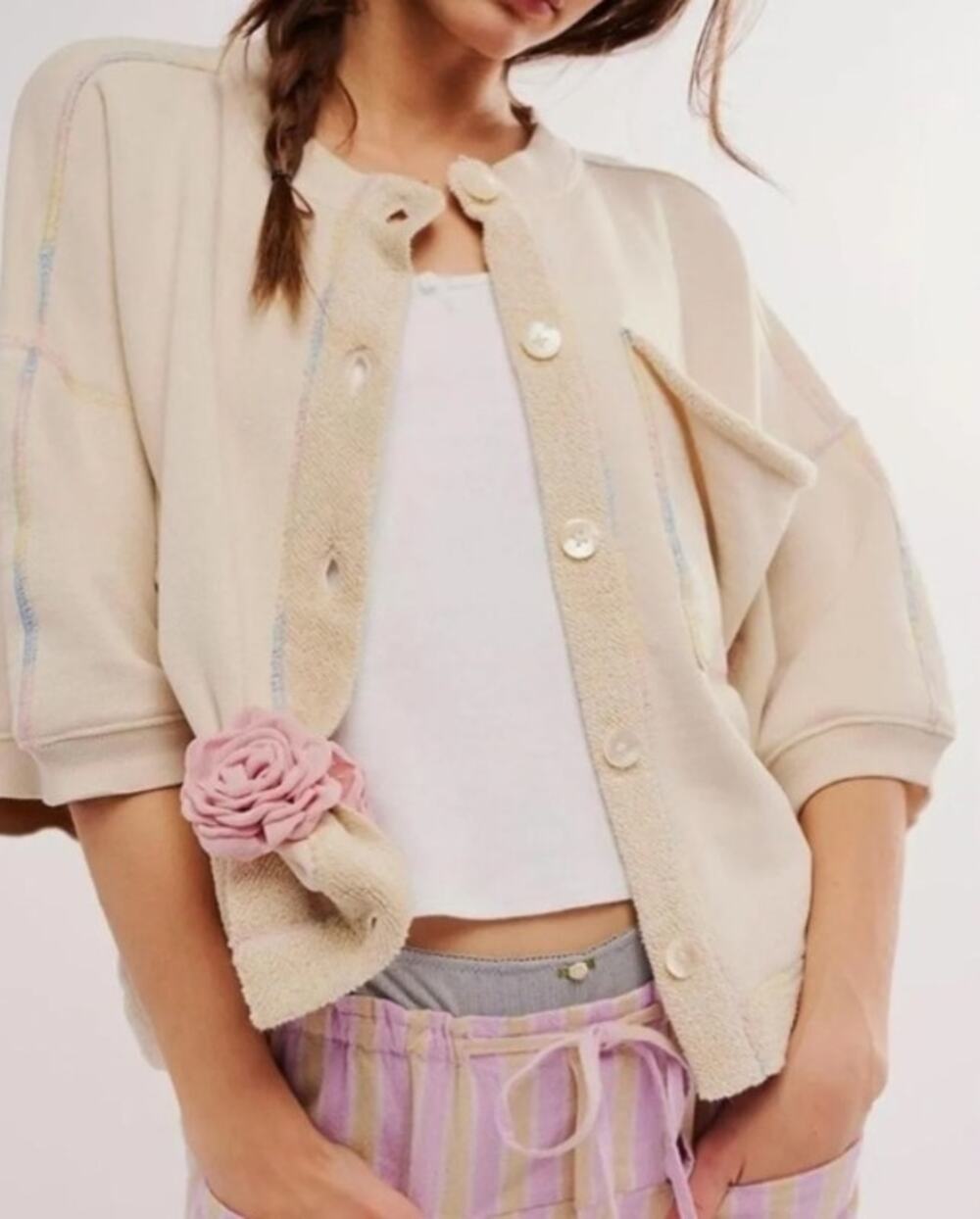 041 NWT Free People Matilda Short Sleeve Cardigan Sweatshirt | Cream | Small